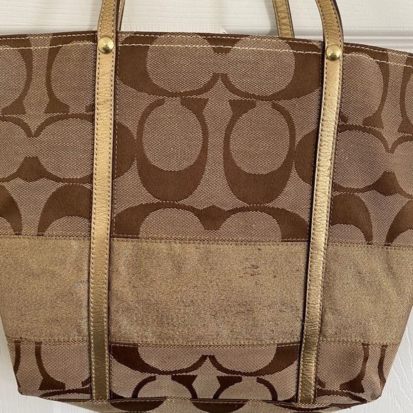 COACH Signature Striped Khaki/Gold Tote - Picture 3 of 10